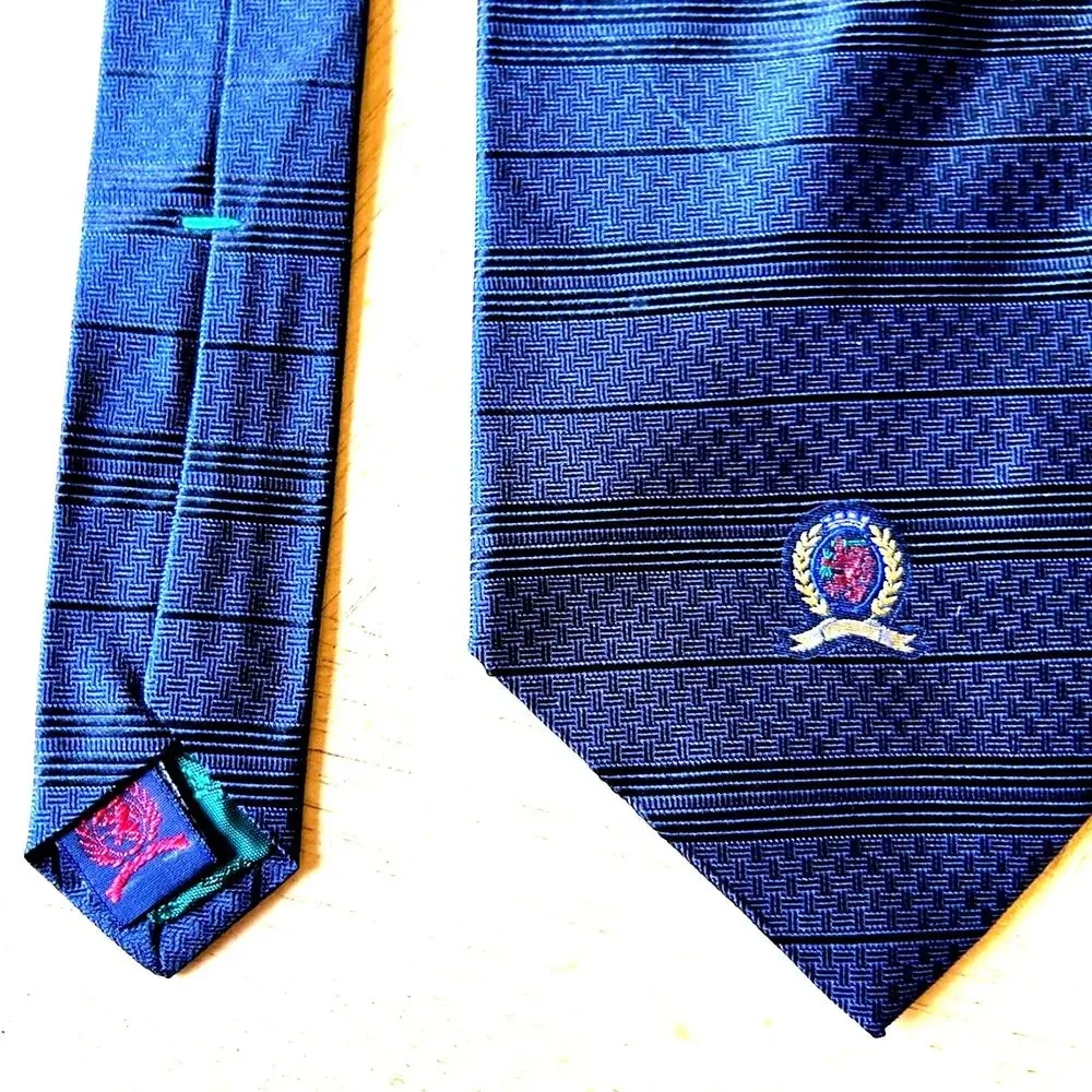 VTG 90s Tommy Hilfiger Silk Ties Neckties Navy Blue Gold Crest Logo USA Lot Of 3